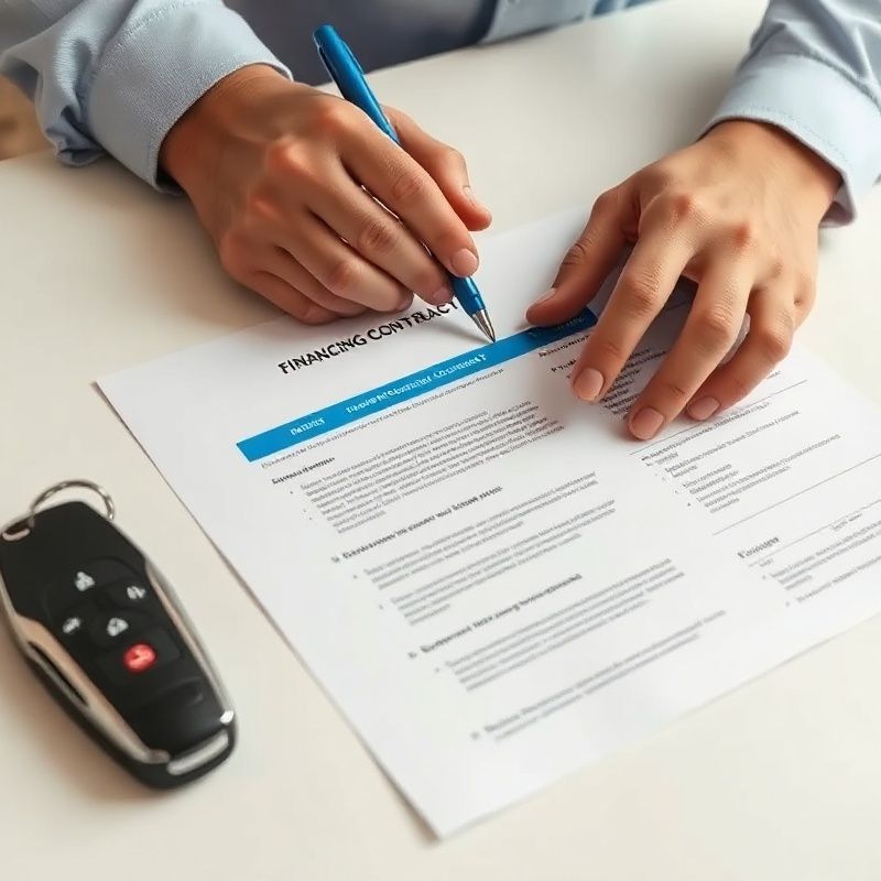 Ruke pregledavaju ugovor o financiranju uz ključeve automobila i azurnu olovku