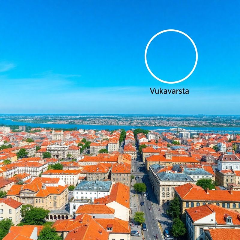 Zračni pogled na centar Osijeka s rijekom Dravom, oznaka lokacije na Vukovarskoj ulici